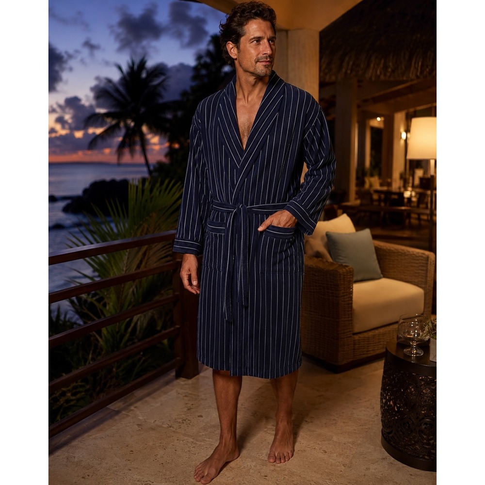 Nautica Sleepwear Vintage Mens Navy Pinstripe Cotton Terry Cloth Robe One Size